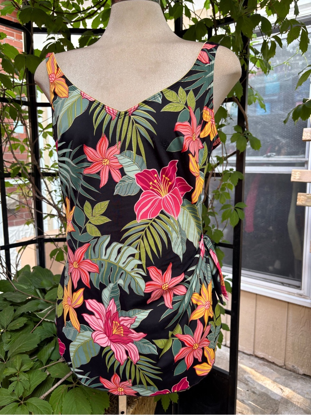 Sleeveless Tropical Floral Midi Wrap Dress - Black with Pink & Yellow Flowers